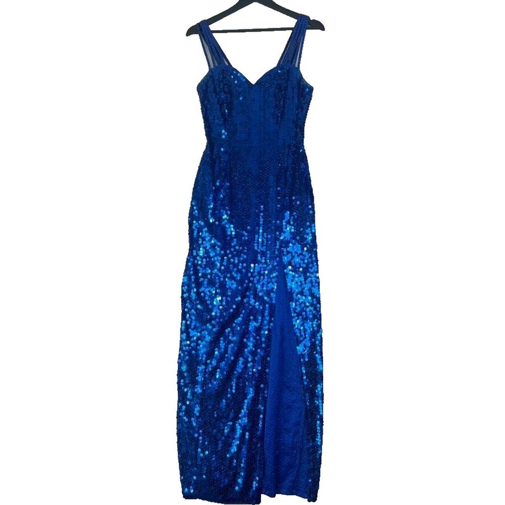 Niteline Della Roufogali Dress 6 Blue Long Maxi Neck Sequin Party Vtg 80s 90s